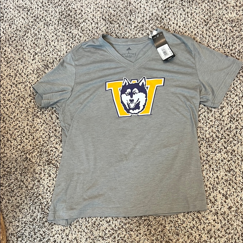 NWT University of Washington Huskies Adidas V neck tee. Size Large.